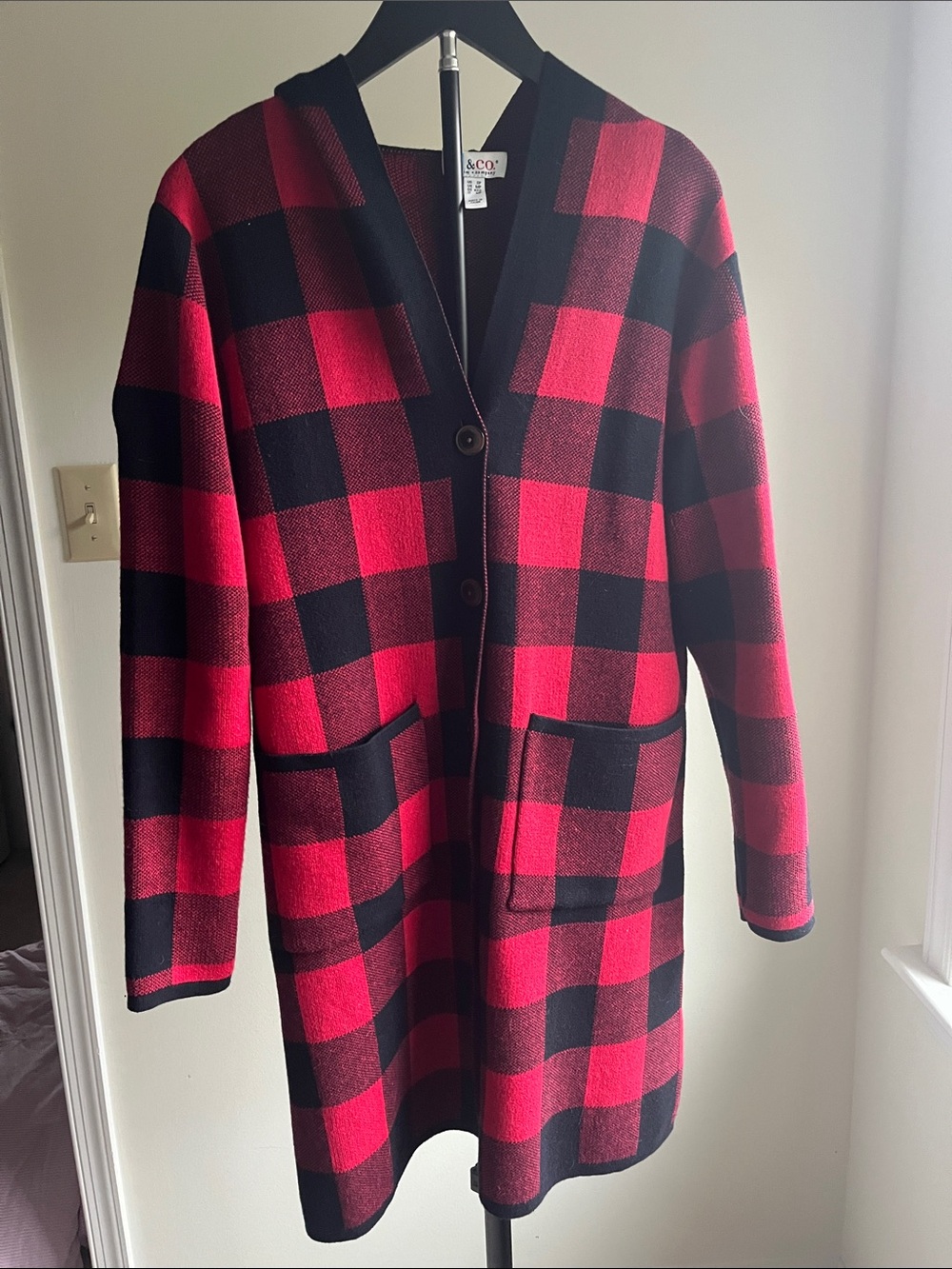 CO Red and Black Checked Mid-Length Trench Coat